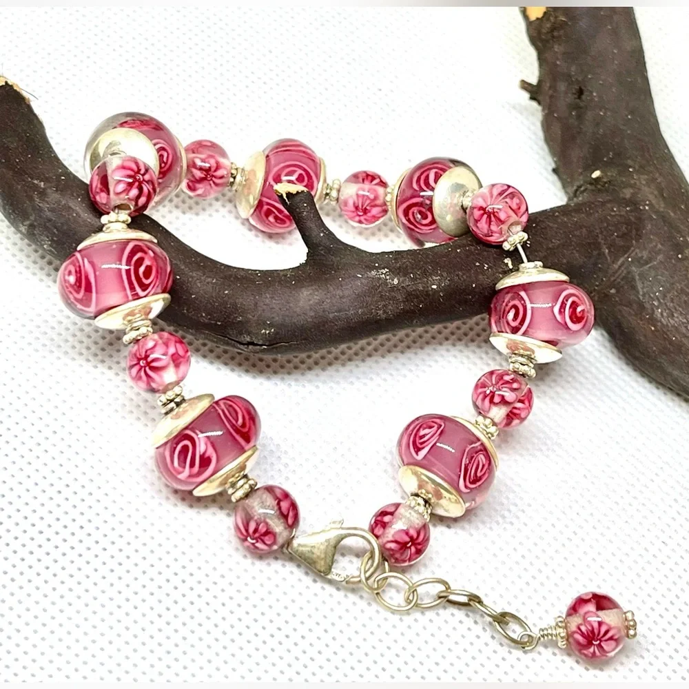 925 Pink Roses Bracelet Beautiful Eye Catching Bright Sterling Silver